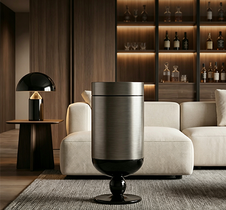 Luxury Art-Deco Sculptural Pedestal Trash Can with Brushed Metallic Finish | High-End Statement Waste Bin with Globe Base for Living Room, Office & Boutique Decor