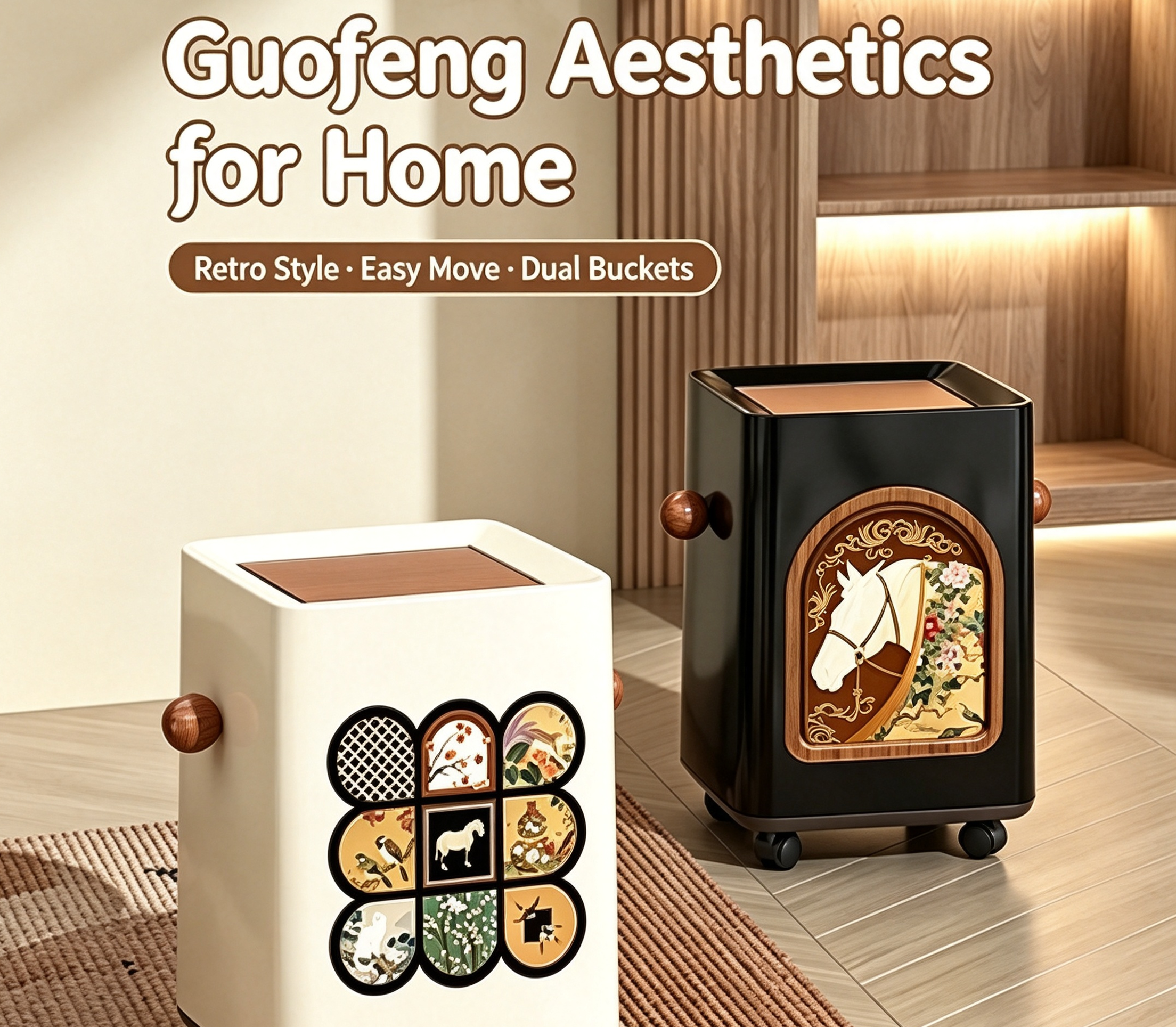 Guofeng Aesthetic Retro Rolling Trash Can with Vintage Artwork | Double-Bucket Hidden-Lid Waste Bin with Wooden Handles & Wheels for Home Decor | White & Black Available