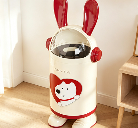 Cute Pet Style Bunny-Ear Flip-Top Trash Can with Carrying Arms & Shoes | Novelty Animal Waste Bin with Transparent Dome Lid for Kids' Room, Nursery & Living Room