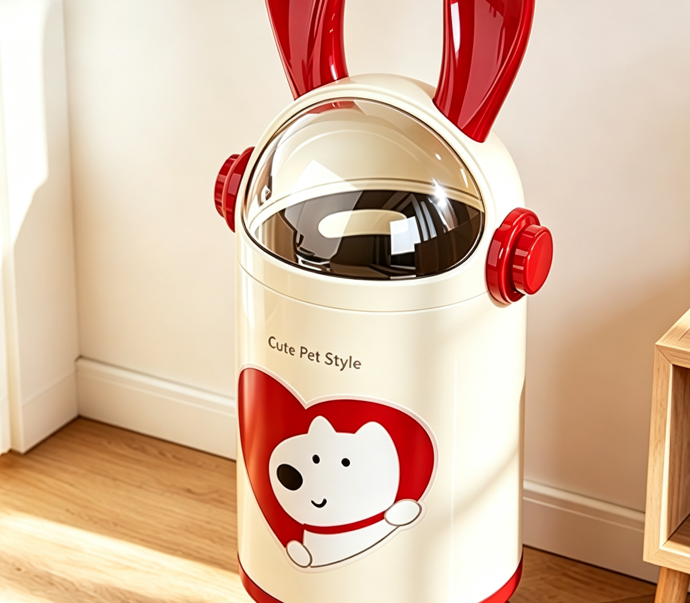 Cute Pet Style Bunny-Ear Flip-Top Trash Can with Carrying Arms & Shoes | Novelty Animal Waste Bin with Transparent Dome Lid for Kids' Room, Nursery & Living Room