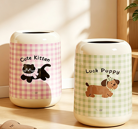 Cute Kitten & Luck Puppy Gingham Trash Can | Sweet Pet-Themed Open-Top Waste Bin with Plaid Pattern for Bedroom, Nursery & Kids' Room | Pink & Green Available