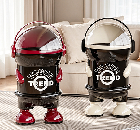 Astronaut-Inspired Flip-Top Trash Can with Transparent Dome & "VOGUE TREND" Print | Stylish Cartoon Waste Bin with Handle, Arms & Chunky Shoes for Living Room, Kids' Room & Office
