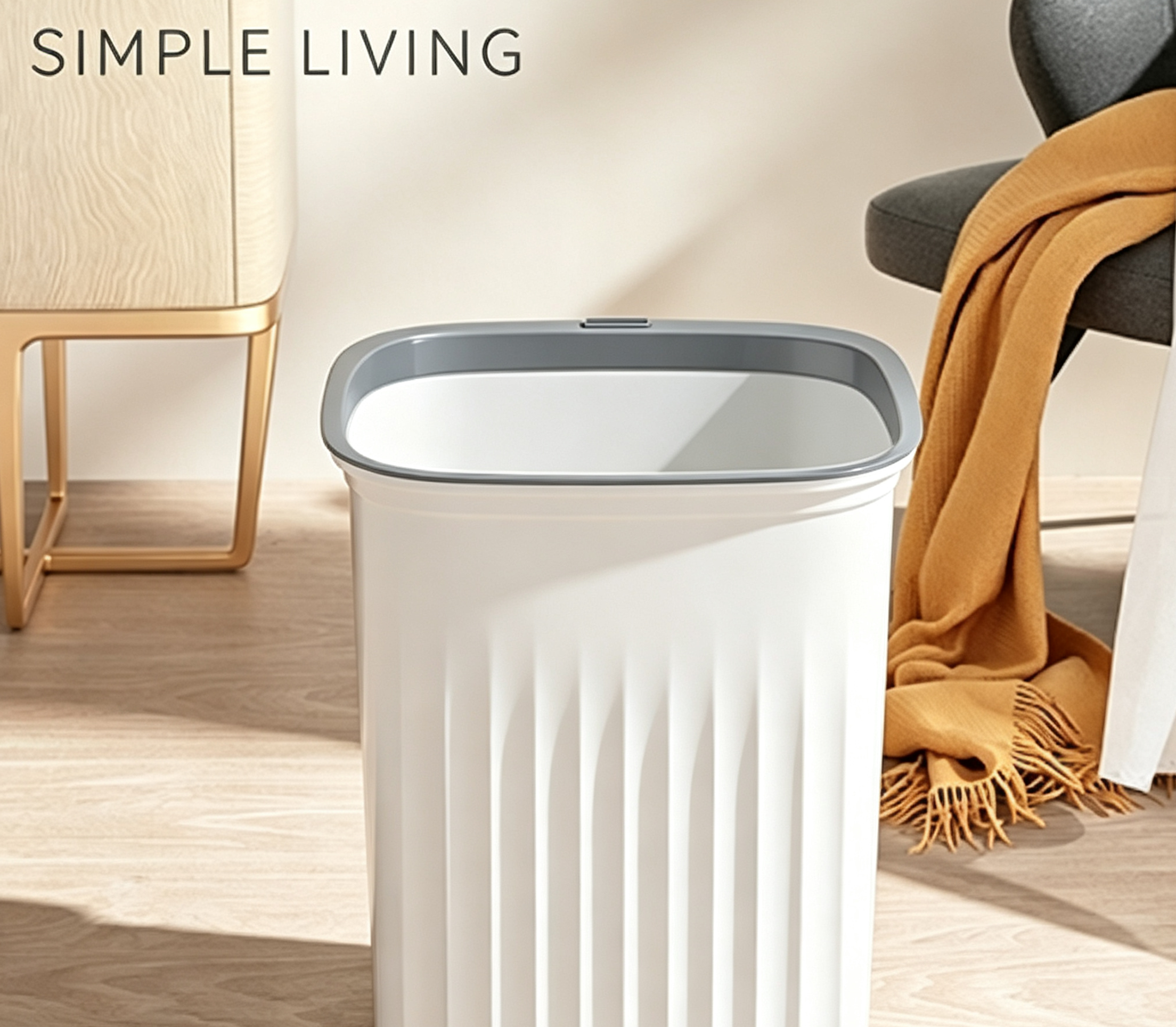 Simple Living Textured Wave-Pattern Open-Top Trash Can with Gray Rim | Minimalist Rectangle Waste Bin with Bag-Securing Clip for Kitchen, Living Room & Office