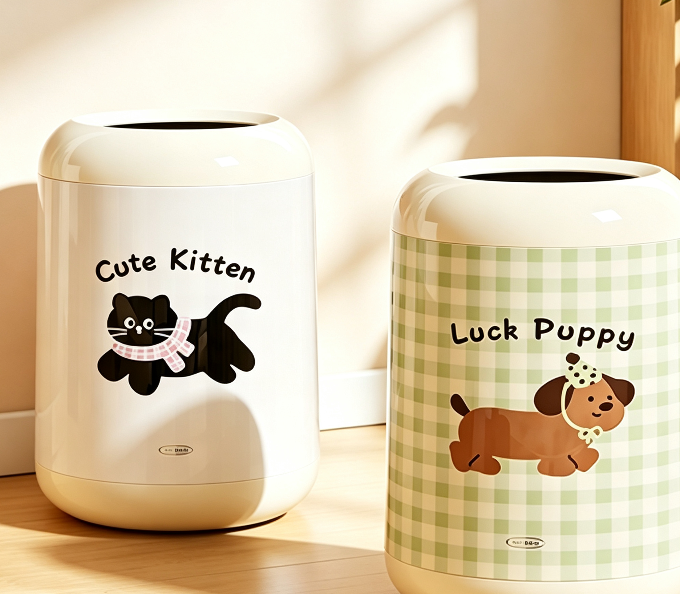 Cute Kitten & Luck Puppy Gingham Trash Can | Sweet Pet-Themed Open-Top Waste Bin with Plaid Pattern for Bedroom, Nursery & Kids' Room | Pink & Green Available