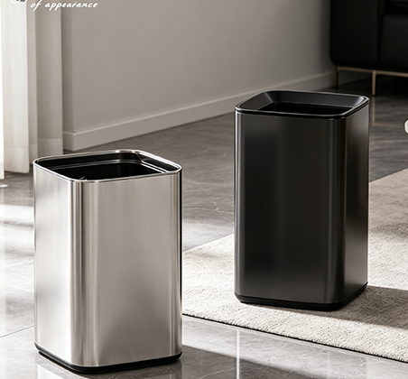 Modern Minimalist Metal-Finish Open-Top Trash Can with Sleek Rounded Corners | Durable Rectangular Waste Bin for Office, Kitchen & High-End Interiors | Silver & Black