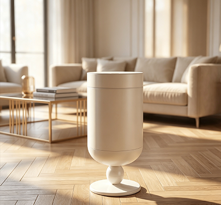 Luxury Art-Deco Sculptural Pedestal Trash Can with Brushed Metallic Finish | High-End Statement Waste Bin with Globe Base for Living Room, Office & Boutique Decor