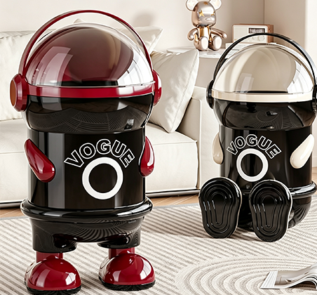 Astronaut-Inspired Flip-Top Trash Can with Transparent Dome & "VOGUE TREND" Print | Stylish Cartoon Waste Bin with Handle, Arms & Chunky Shoes for Living Room, Kids' Room & Office