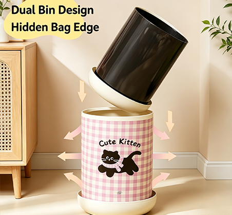 Cute Kitten & Luck Puppy Gingham Trash Can | Sweet Pet-Themed Open-Top Waste Bin with Plaid Pattern for Bedroom, Nursery & Kids' Room | Pink & Green Available