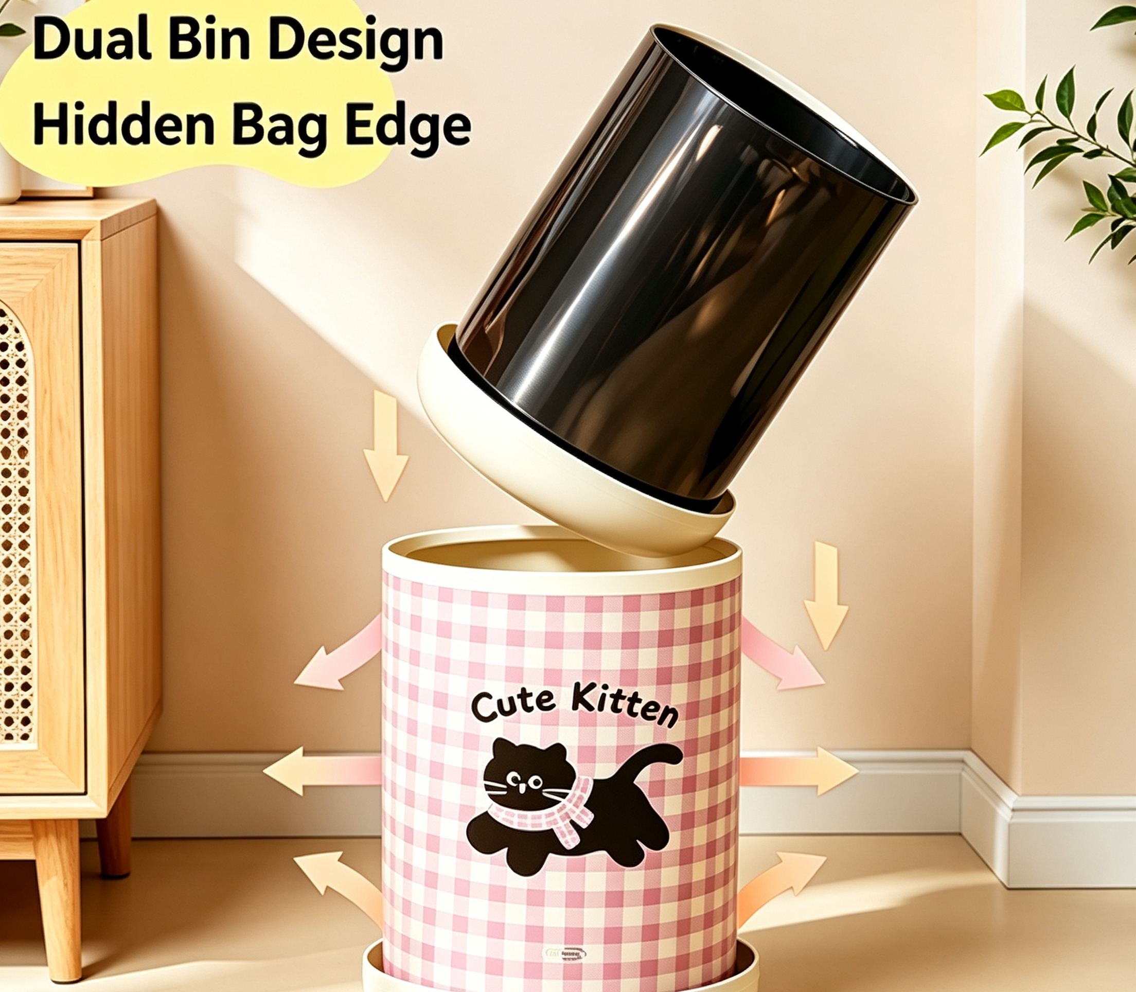 Cute Kitten & Luck Puppy Gingham Trash Can | Sweet Pet-Themed Open-Top Waste Bin with Plaid Pattern for Bedroom, Nursery & Kids' Room | Pink & Green Available