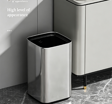 Modern Minimalist Metal-Finish Open-Top Trash Can with Sleek Rounded Corners | Durable Rectangular Waste Bin for Office, Kitchen & High-End Interiors | Silver & Black