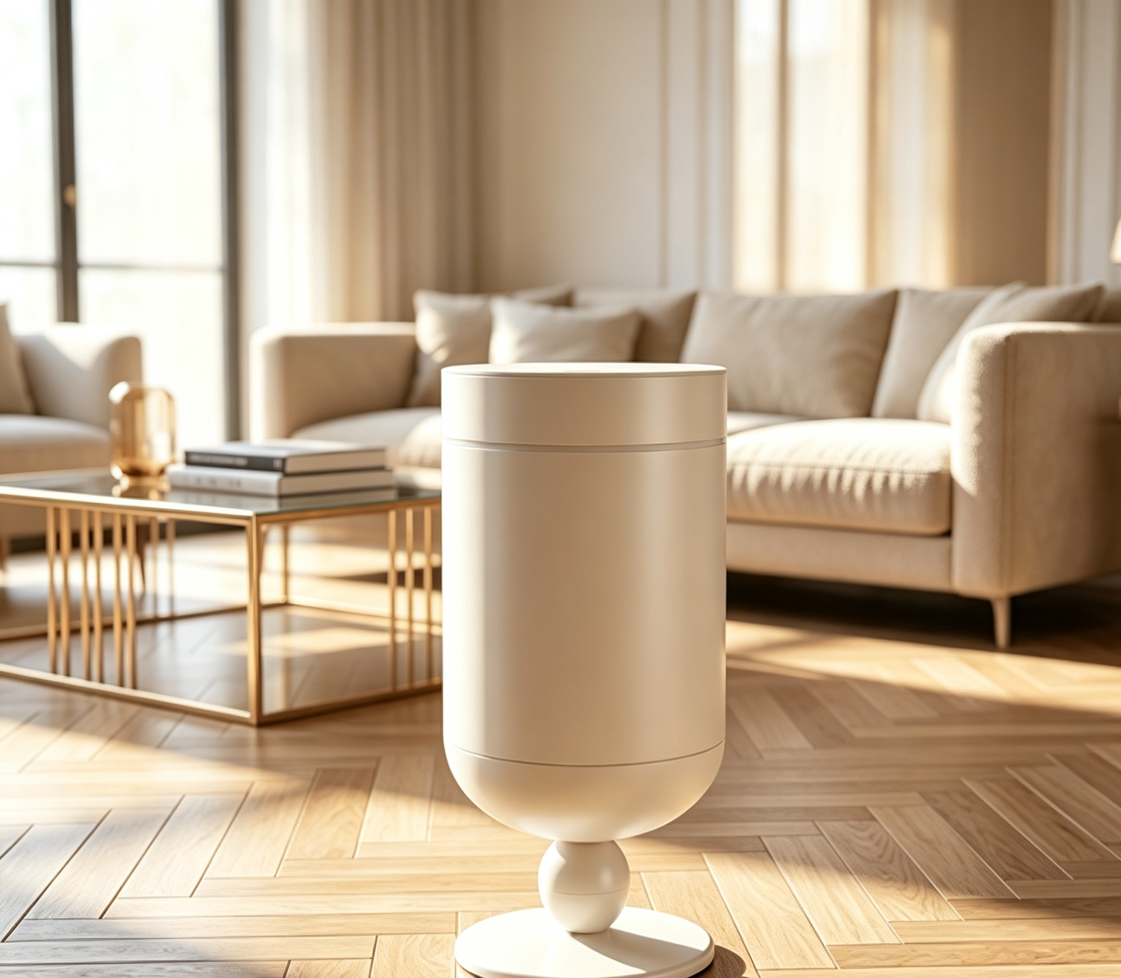 Luxury Art-Deco Sculptural Pedestal Trash Can with Brushed Metallic Finish | High-End Statement Waste Bin with Globe Base for Living Room, Office & Boutique Decor