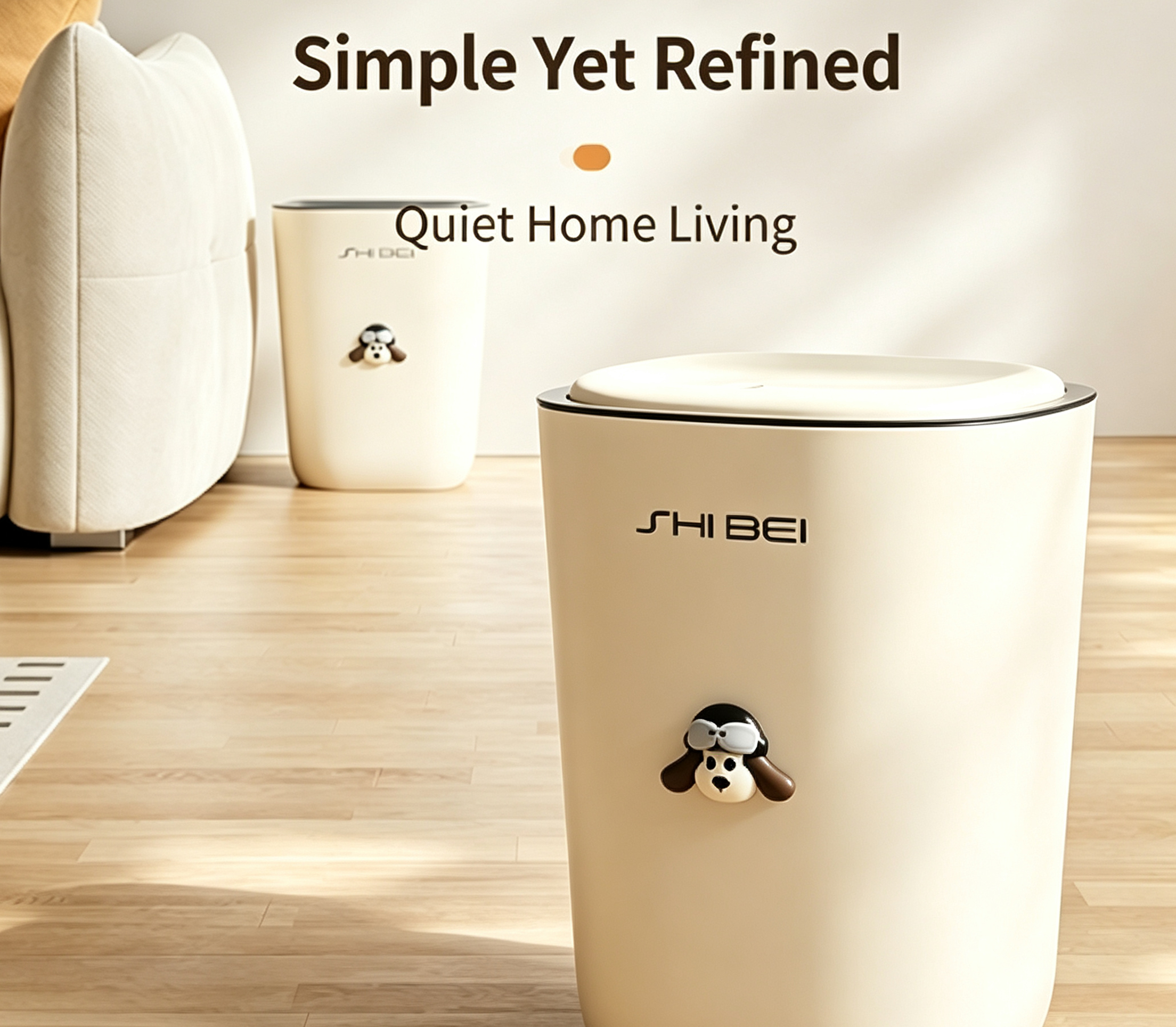 Simple Yet Refined Cream Smart Sensor Trash Can with Cute Dog Charm | Quiet-Seal Flip-Top Waste Bin for Kitchen, Bedroom & Living Room | Touchless & Manual Options