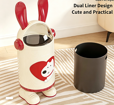 Cute Pet Style Bunny-Ear Flip-Top Trash Can with Carrying Arms & Shoes | Novelty Animal Waste Bin with Transparent Dome Lid for Kids' Room, Nursery & Living Room