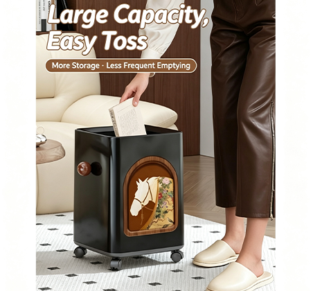 Guofeng Aesthetic Retro Rolling Trash Can with Vintage Artwork | Double-Bucket Hidden-Lid Waste Bin with Wooden Handles & Wheels for Home Decor | White & Black Available