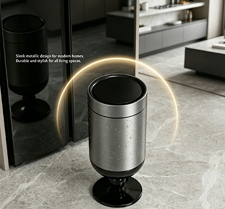 Luxury Art-Deco Sculptural Pedestal Trash Can with Brushed Metallic Finish | High-End Statement Waste Bin with Globe Base for Living Room, Office & Boutique Decor