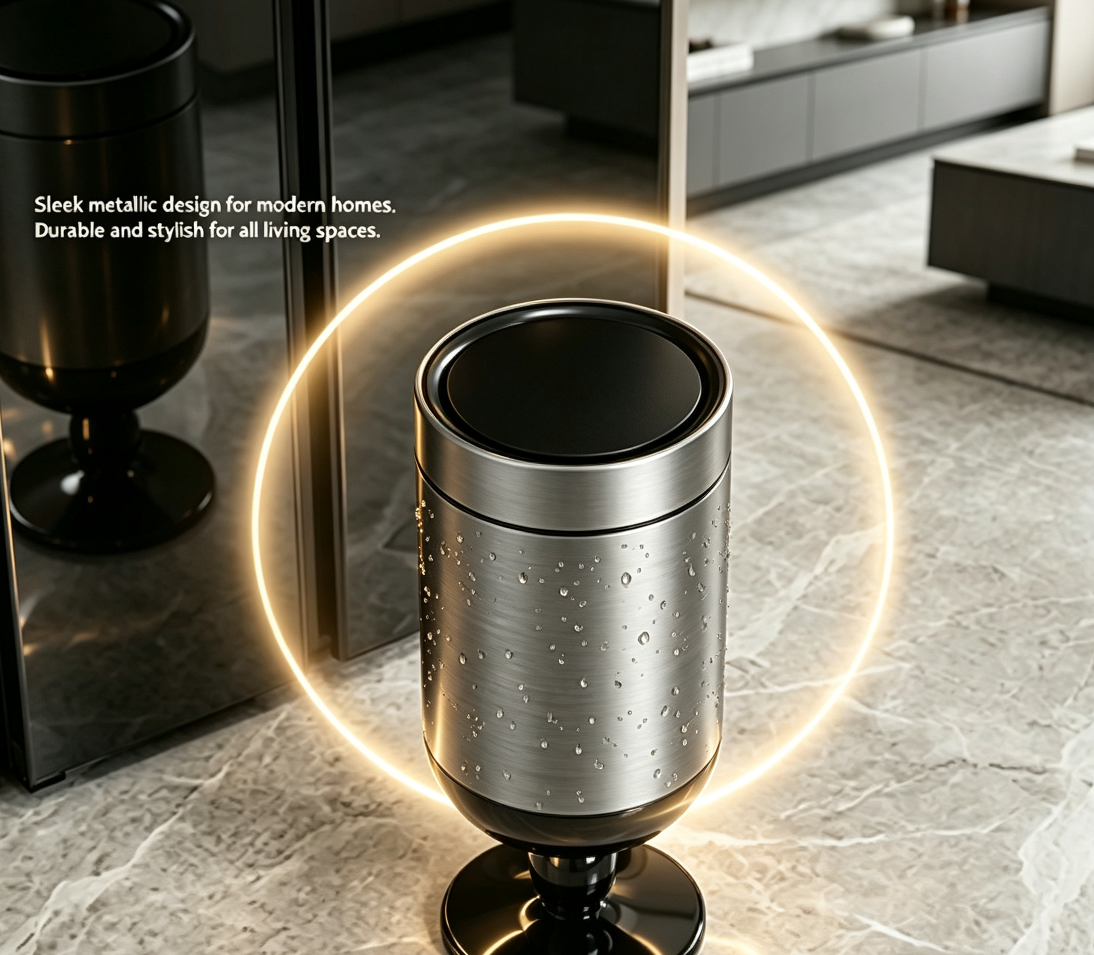 Luxury Art-Deco Sculptural Pedestal Trash Can with Brushed Metallic Finish | High-End Statement Waste Bin with Globe Base for Living Room, Office & Boutique Decor