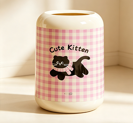 Cute Kitten & Luck Puppy Gingham Trash Can | Sweet Pet-Themed Open-Top Waste Bin with Plaid Pattern for Bedroom, Nursery & Kids' Room | Pink & Green Available