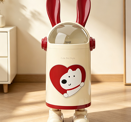 Cute Pet Style Bunny-Ear Flip-Top Trash Can with Carrying Arms & Shoes | Novelty Animal Waste Bin with Transparent Dome Lid for Kids' Room, Nursery & Living Room