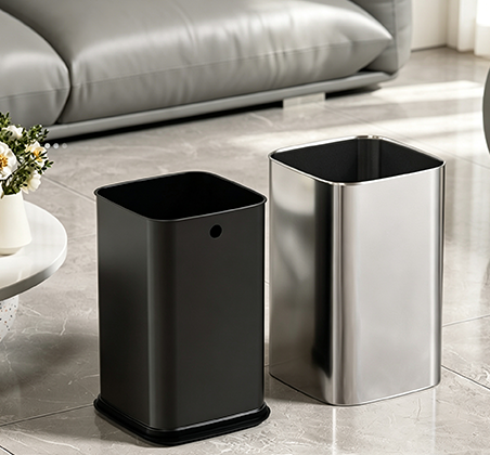 Modern Minimalist Metal-Finish Open-Top Trash Can with Sleek Rounded Corners | Durable Rectangular Waste Bin for Office, Kitchen & High-End Interiors | Silver & Black